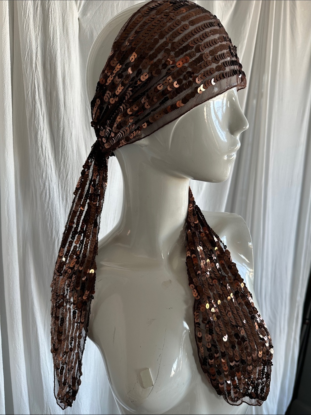 Lovely Headband Scarf Bandana Vintage Mesh sequences embellished Chocolate Brown